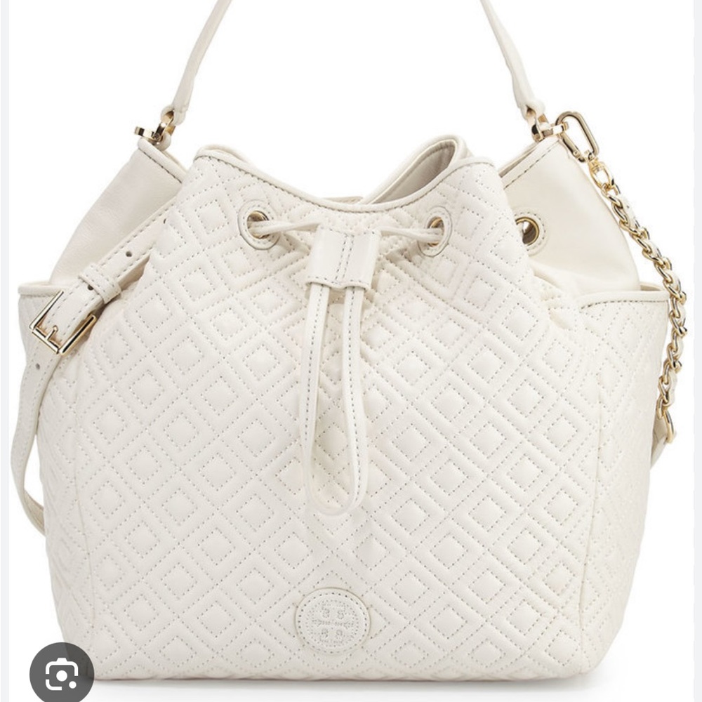 Tory Burch Marion Quilted Leather Bucket Bag Ivory